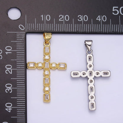 14K Gold Filled CZ Baguette Round Dotted Bezel Latin Religious Cross Pendant in Gold &amp; Silver | AA1205