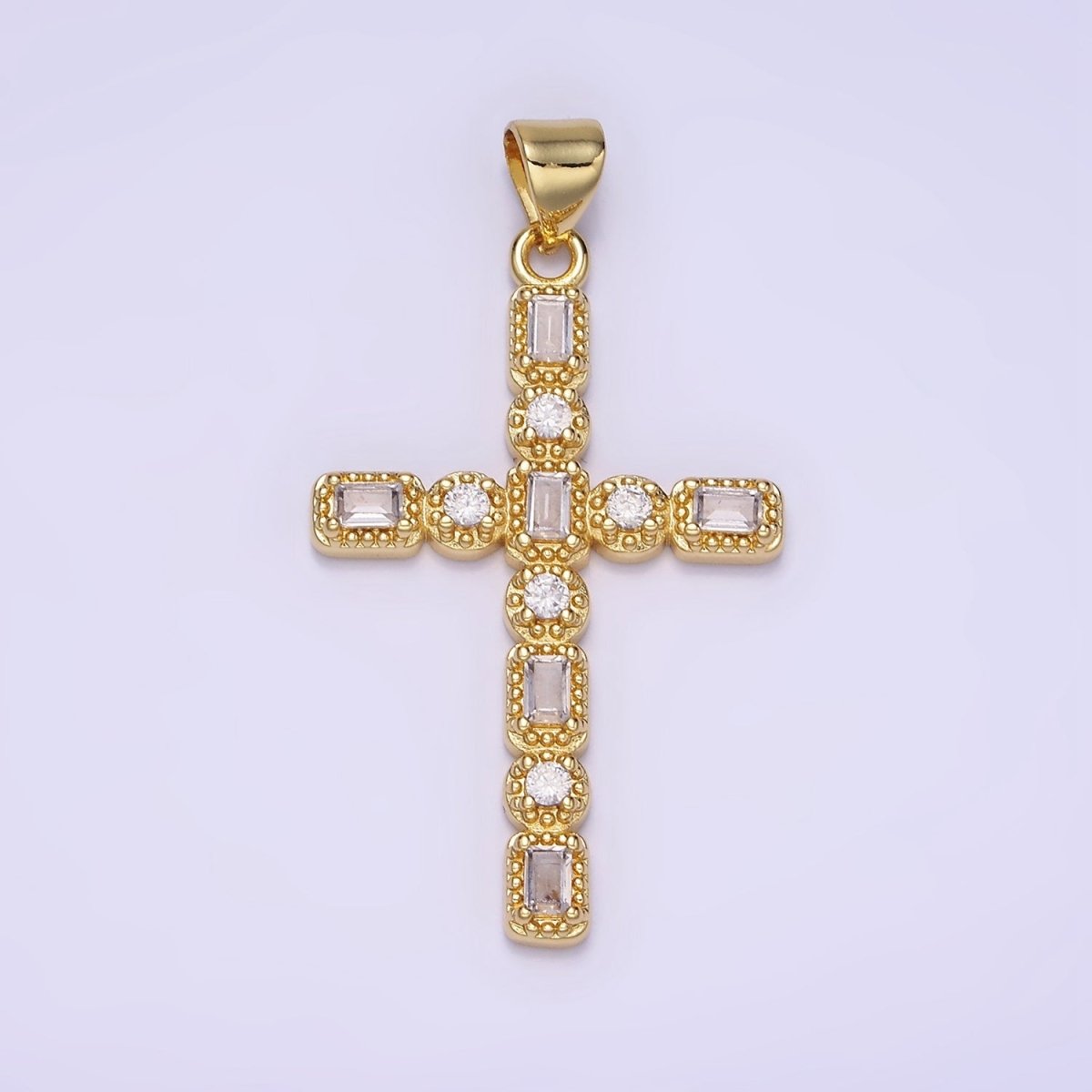 14K Gold Filled CZ Baguette Round Dotted Bezel Latin Religious Cross Pendant in Gold &amp; Silver | AA1205