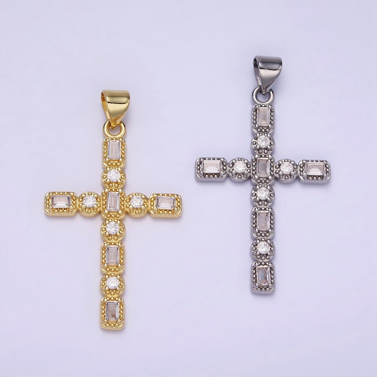 14K Gold Filled CZ Baguette Round Dotted Bezel Latin Religious Cross Pendant in Gold &amp; Silver | AA1205