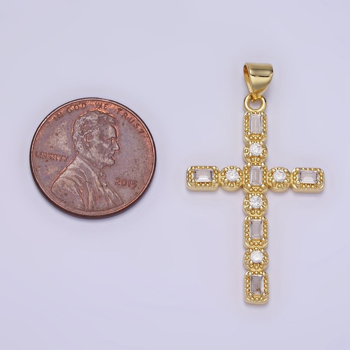 14K Gold Filled CZ Baguette Round Dotted Bezel Latin Religious Cross Pendant in Gold &amp; Silver | AA1205