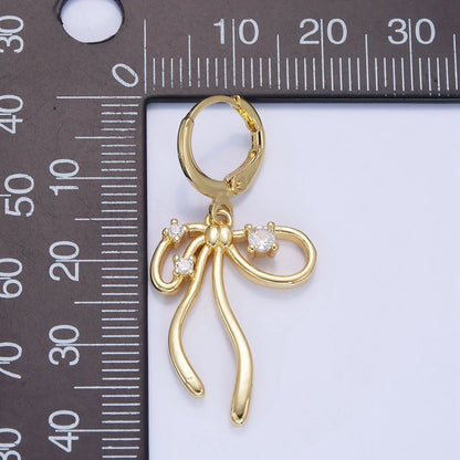 14K Gold Filled CZ Coquette Ribbon Tied Bow Drop Huggie Earrings | P044