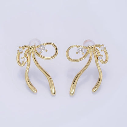 14K Gold Filled CZ Coquette Ribbon Tied Bow Stud Earrings | P055