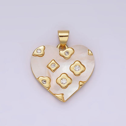 14K Gold Filled CZ Geometric Dotted Shell Pearl Heart Pendant | AH130