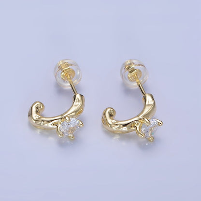 14K Gold Filled CZ Hammered C-Shaped Hoop Earrings | P485