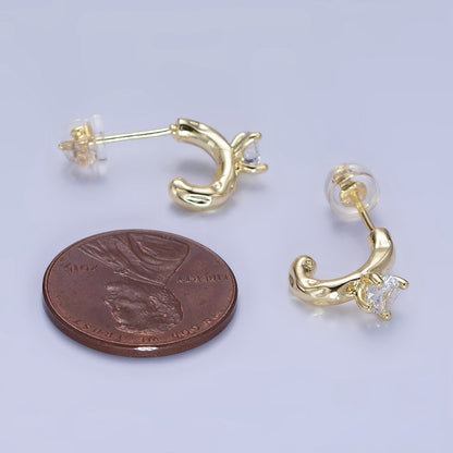 14K Gold Filled CZ Hammered C-Shaped Hoop Earrings | P485