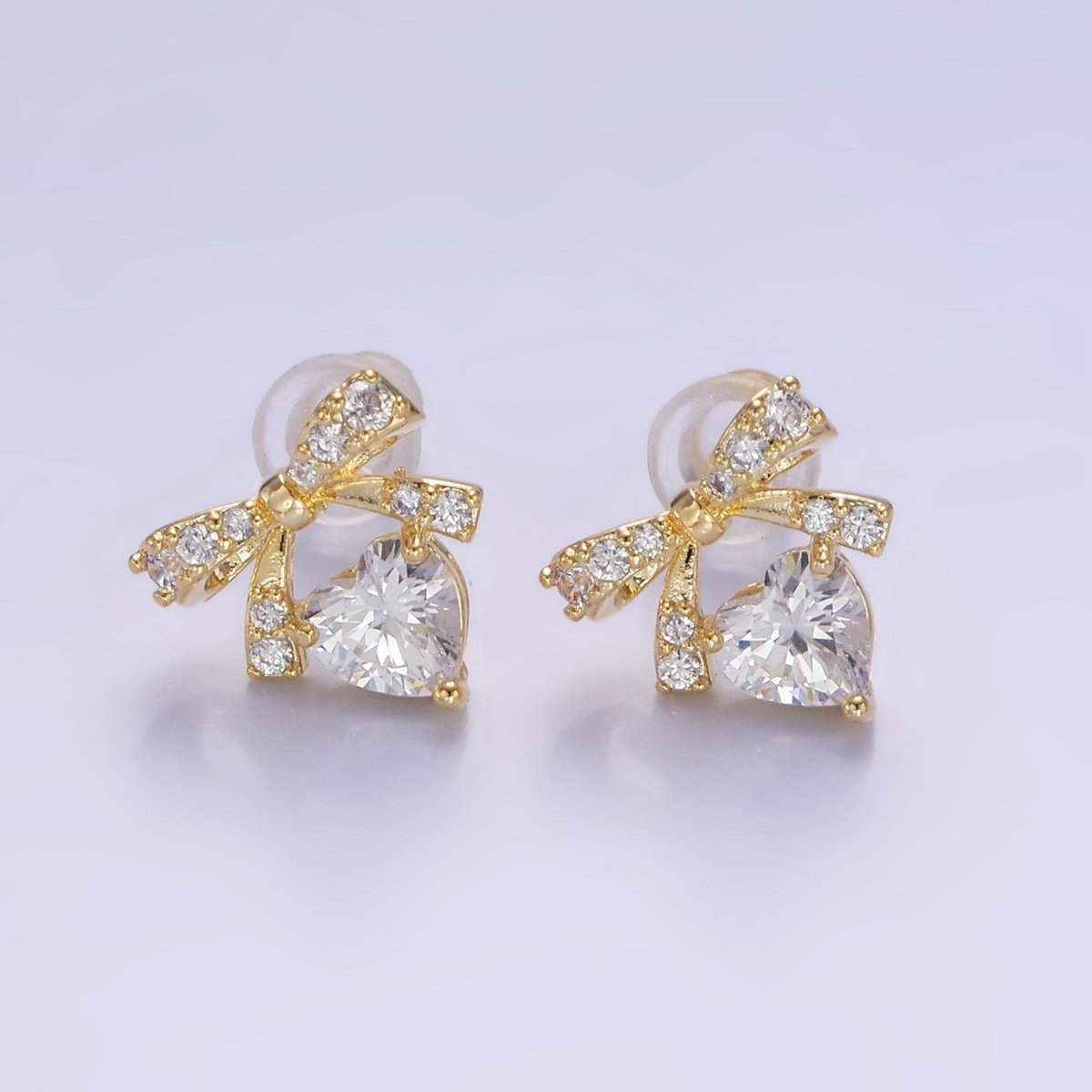 14K Gold Filled CZ Heart Ribbon Bow Stud Earrings in Gold &amp; Silver | V500