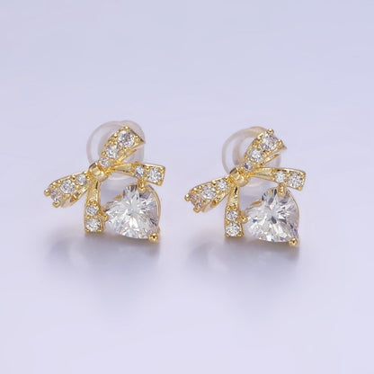 14K Gold Filled CZ Heart Ribbon Bow Stud Earrings in Gold &amp; Silver | V500