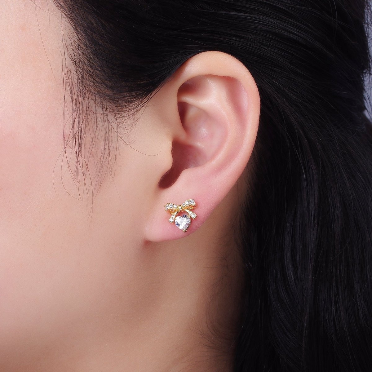 14K Gold Filled CZ Heart Ribbon Bow Stud Earrings in Gold &amp; Silver | V500