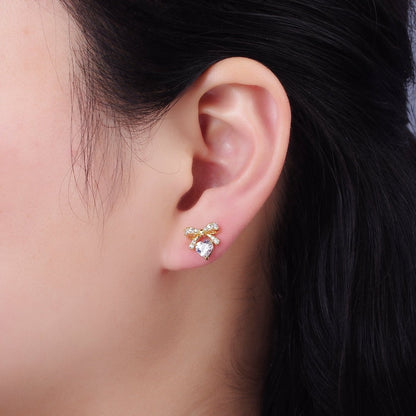 14K Gold Filled CZ Heart Ribbon Bow Stud Earrings in Gold &amp; Silver | V500
