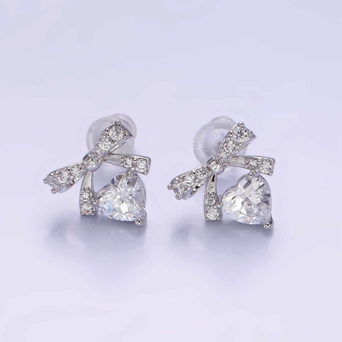 14K Gold Filled CZ Heart Ribbon Bow Stud Earrings in Gold &amp; Silver | V500