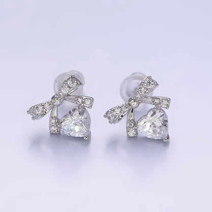 14K Gold Filled CZ Heart Ribbon Bow Stud Earrings in Gold &amp; Silver | V500