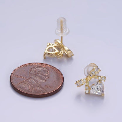 14K Gold Filled CZ Heart Ribbon Bow Stud Earrings in Gold &amp; Silver | V500