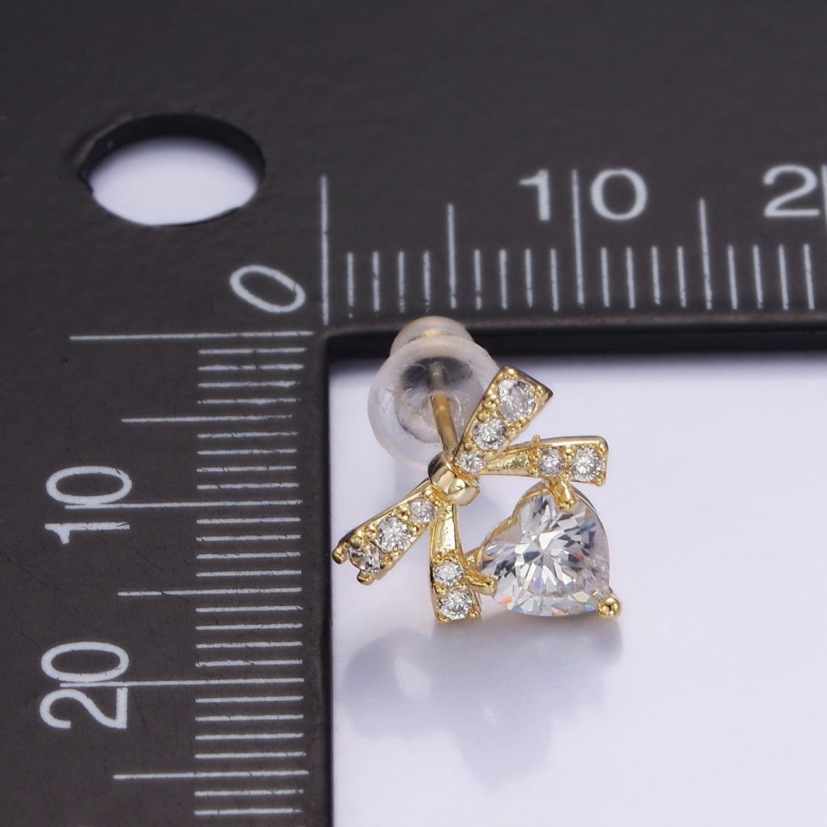 14K Gold Filled CZ Heart Ribbon Bow Stud Earrings in Gold &amp; Silver | V500
