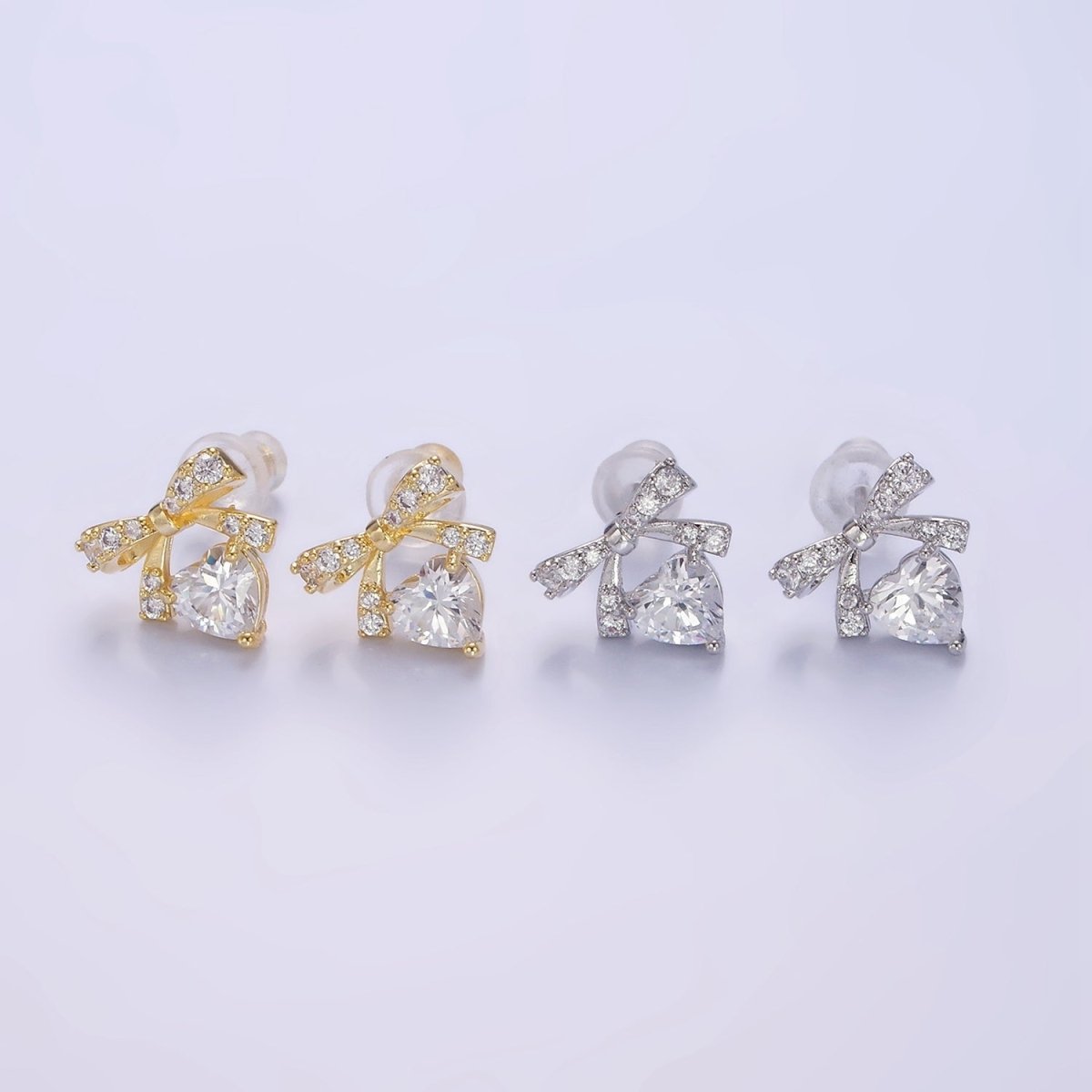 14K Gold Filled CZ Heart Ribbon Bow Stud Earrings in Gold &amp; Silver | V500