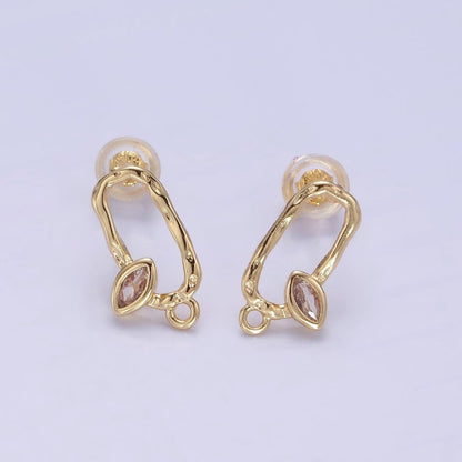 14K Gold Filled CZ Marquise Hammered Open Oblong Drop Stud Earrings Findings Set | Z704