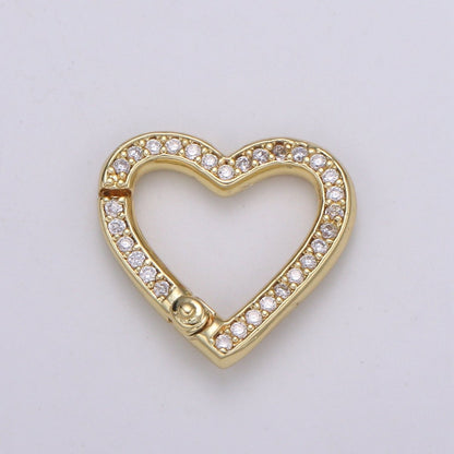 14k Gold Filled CZ Micro Pave Heart Carabiner Clasp with Easy Open Spring, Heart Spring Snap Clasp Silver for Link Connector Chain L-171 L-172