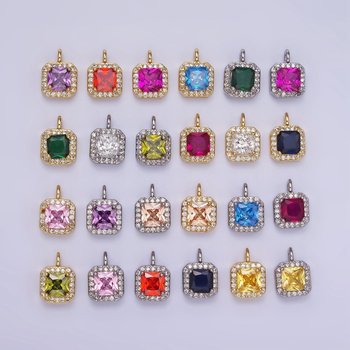 14K Gold Filled Birthstone CZ Micro Paved Square Edged Charm in Gold &amp; Silver | W684 - W695