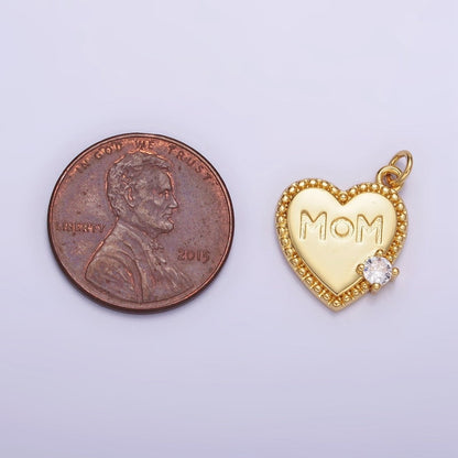 14K Gold Filled CZ "MOM" Script Beaded Bezel Charm | W525