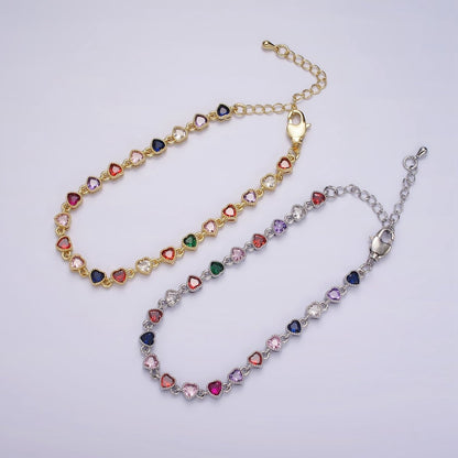 14K Gold Filled CZ Multicolor Heart Bezel 7 Inch Bracelet in Gold &amp; Silver | WA-2230 WA-2231 Clearance Pricing
