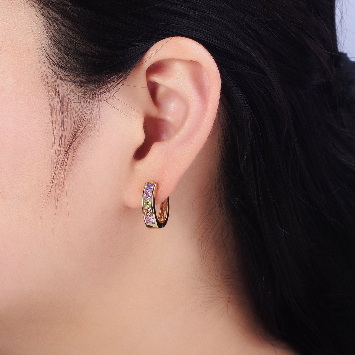 14K Gold Filled CZ Pastel Multicolor Square Checkered Oblong Huggie Earrings | AD1435