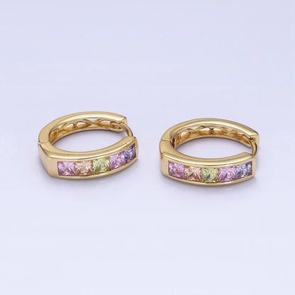 14K Gold Filled CZ Pastel Multicolor Square Checkered Oblong Huggie Earrings | AD1435