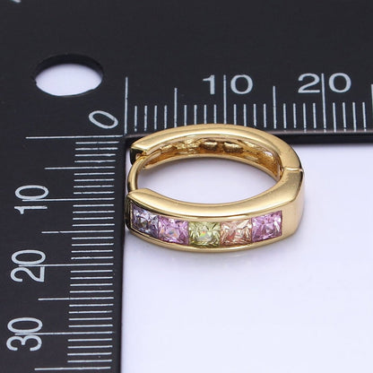 14K Gold Filled CZ Pastel Multicolor Square Checkered Oblong Huggie Earrings | AD1435