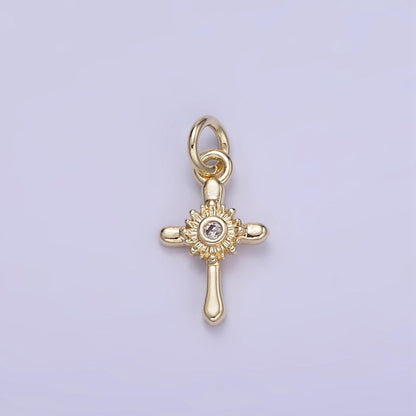 14K Gold Filled CZ Sunflower Nature Cross Charm | W551