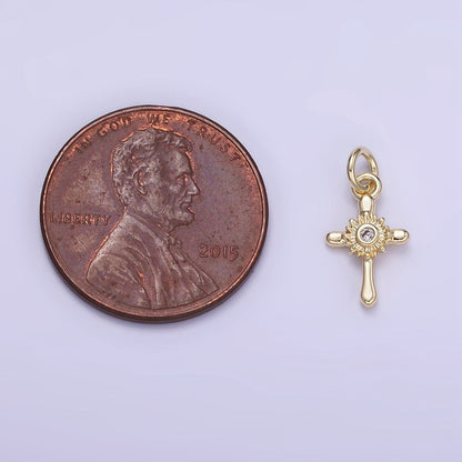 14K Gold Filled CZ Sunflower Nature Cross Charm | W551