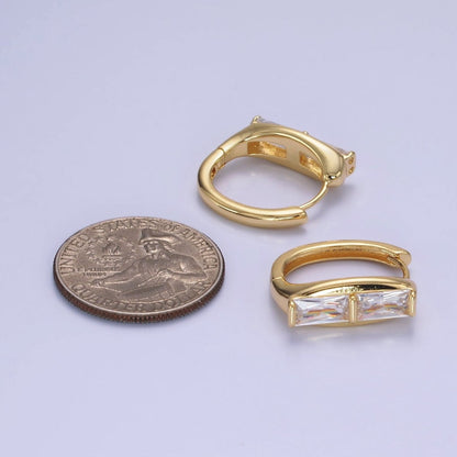 14K Gold Filled Double Clear CZ Baguette Lined 20mm Huggie Earrings | AE519