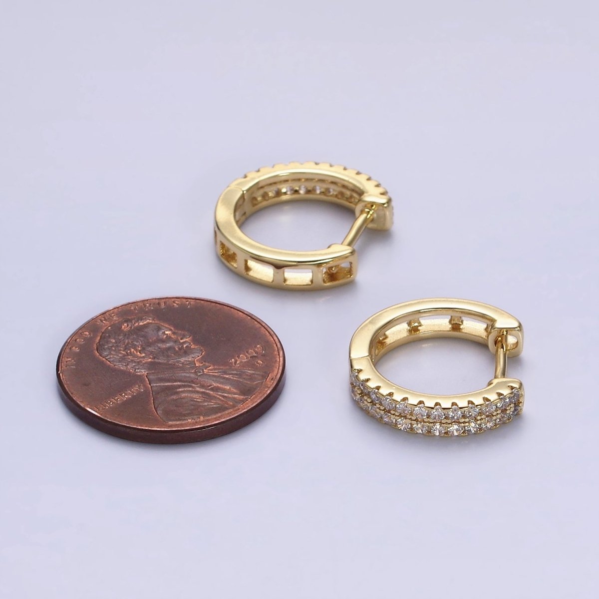 14K Gold Filled Double Clear Micro Paved Open 15mm Huggie Hoop Earrings in Gold &amp; Silver | AE585 AE586
