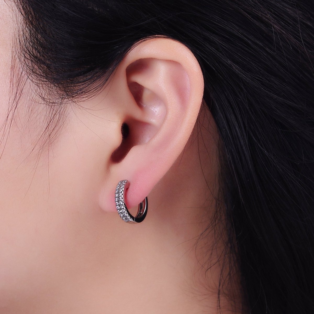 14K Gold Filled Double Clear Micro Paved Open 15mm Huggie Hoop Earrings in Gold &amp; Silver | AE585 AE586