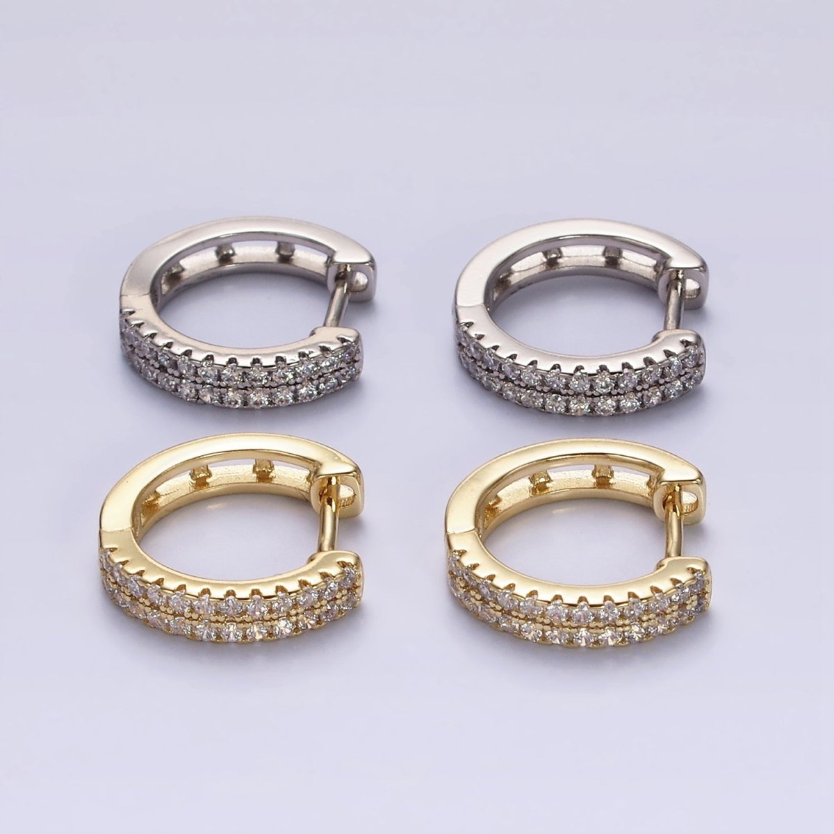 14K Gold Filled Double Clear Micro Paved Open 15mm Huggie Hoop Earrings in Gold &amp; Silver | AE585 AE586