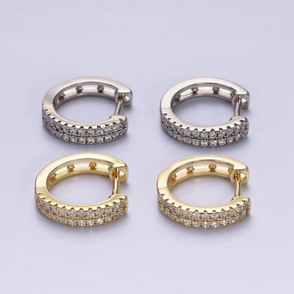 14K Gold Filled Double Clear Micro Paved Open 15mm Huggie Hoop Earrings in Gold &amp; Silver | AE585 AE586