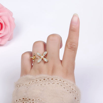 14K Gold Filled Double Flower Pearl Micro Paved Wrap Ring | O115