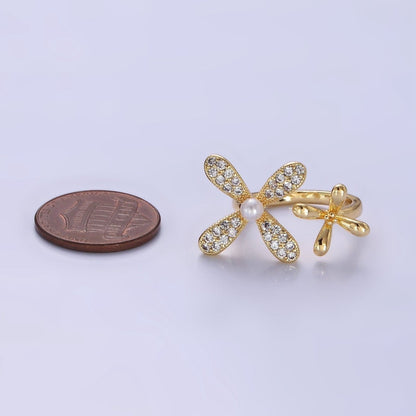 14K Gold Filled Double Flower Pearl Micro Paved Wrap Ring | O115