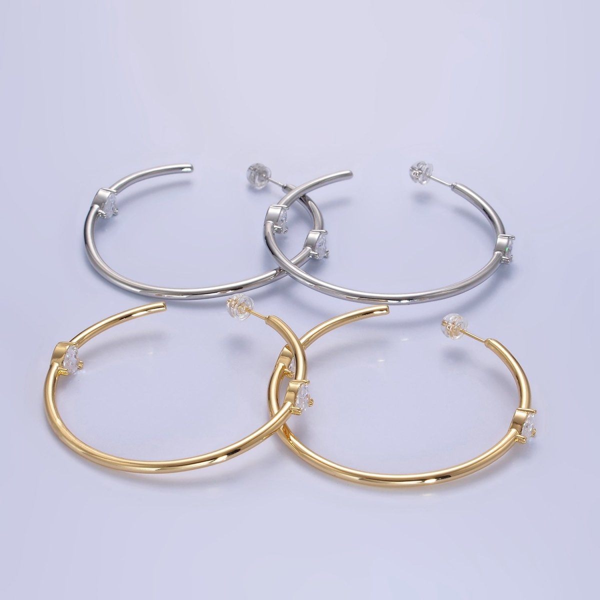14K Gold Filled Double Heart CZ C-Shaped Hoop Earrings in Gold &amp; Silver | Q069