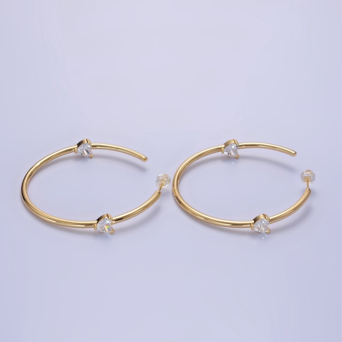 14K Gold Filled Double Heart CZ C-Shaped Hoop Earrings in Gold &amp; Silver | Q069