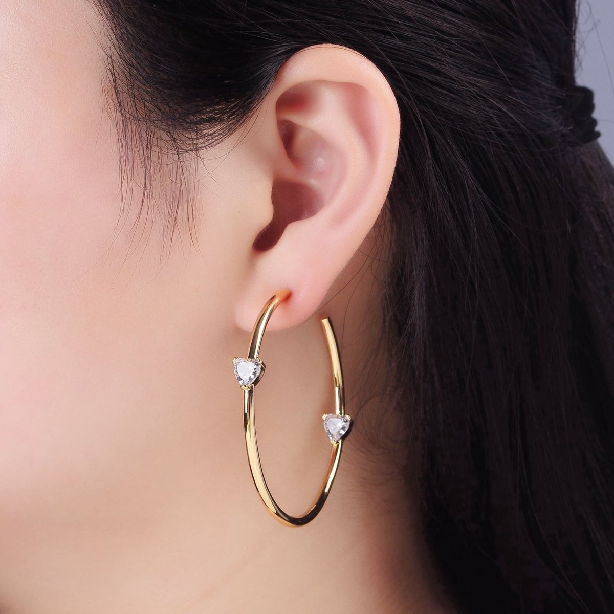 14K Gold Filled Double Heart CZ C-Shaped Hoop Earrings in Gold &amp; Silver | Q069