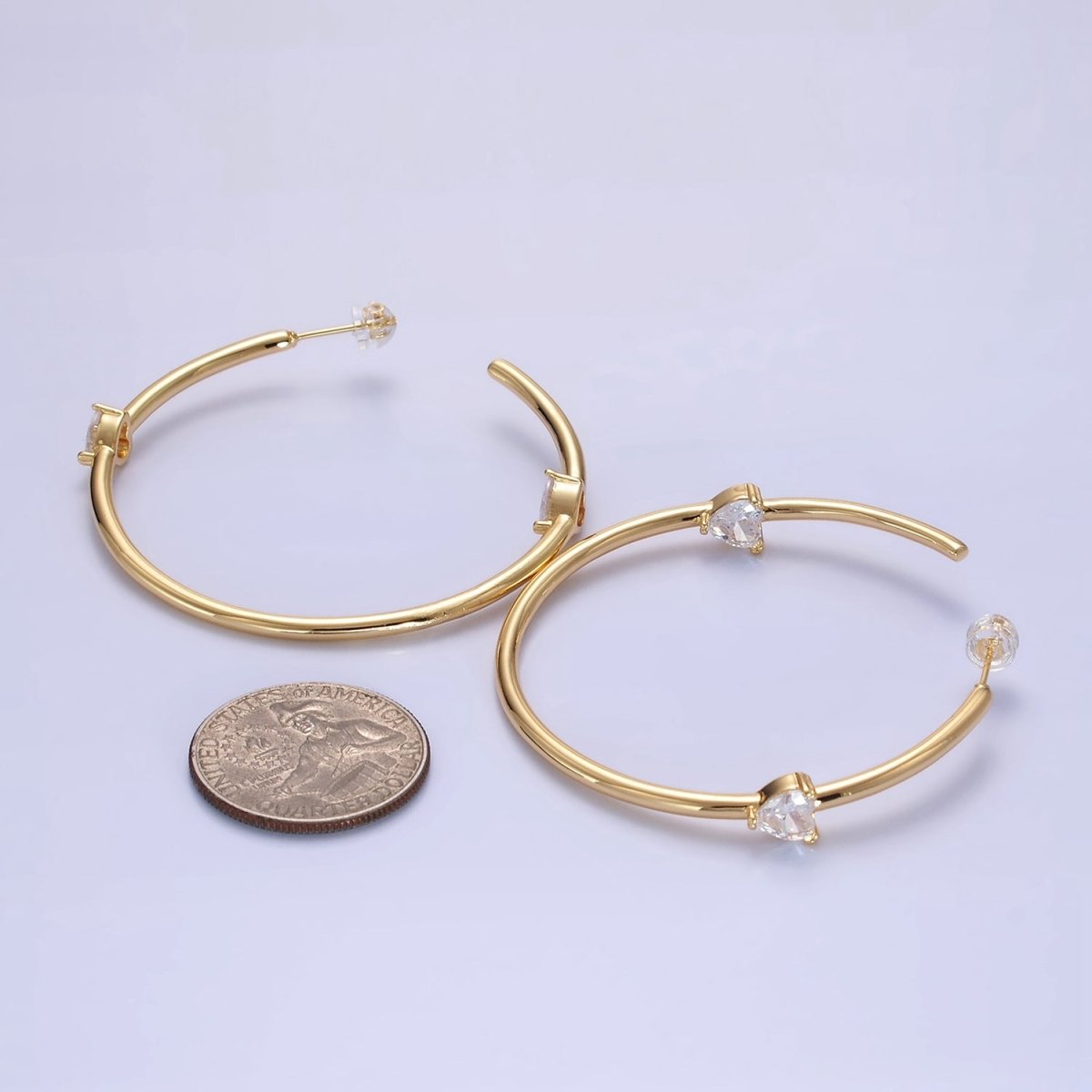 14K Gold Filled Double Heart CZ C-Shaped Hoop Earrings in Gold &amp; Silver | Q069