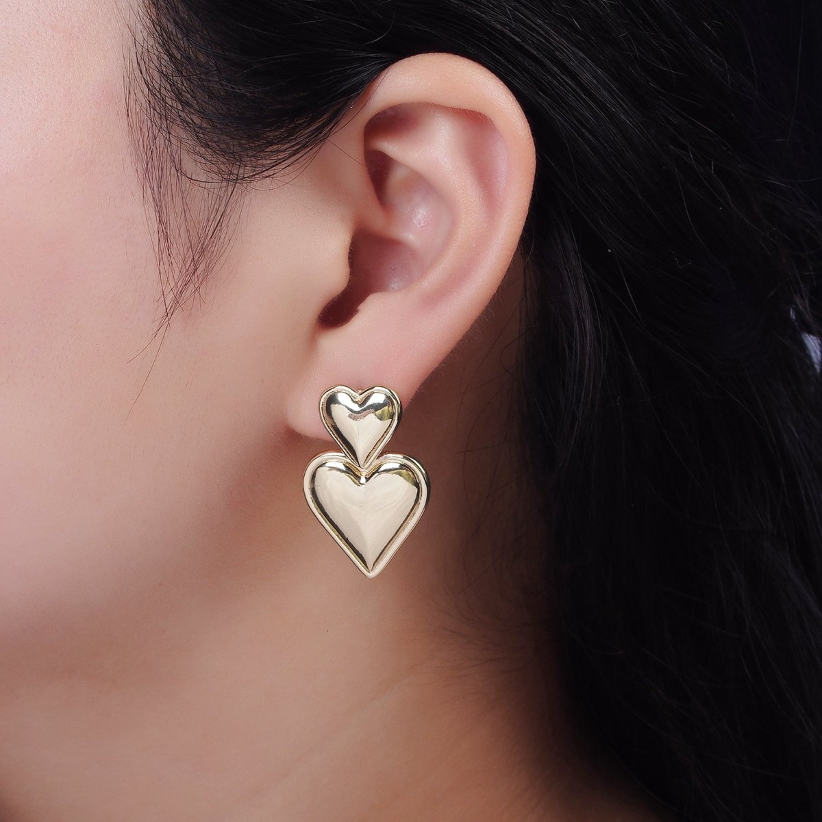 14K Gold Filled Double Heart Minimalist Drop Stud Earrings in Gold &amp; Silver | AE344