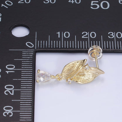 14K Gold Filled Double Leaf CZ Teardrop Drop Stud Earrings | AE513