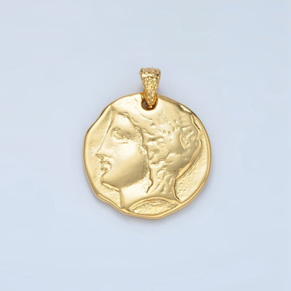 14K Gold Filled Double Sided Greek Portrait Architecture Hammered Pendant in Gold &amp; Oxidized Silver | I523 I544