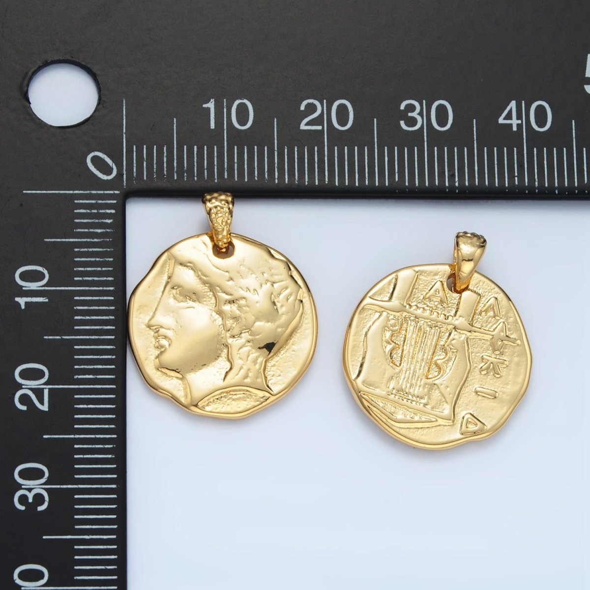 14K Gold Filled Double Sided Greek Portrait Architecture Hammered Pendant in Gold &amp; Oxidized Silver | I523 I544