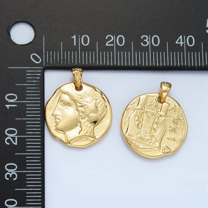 14K Gold Filled Double Sided Greek Portrait Architecture Hammered Pendant in Gold &amp; Oxidized Silver | I523 I544
