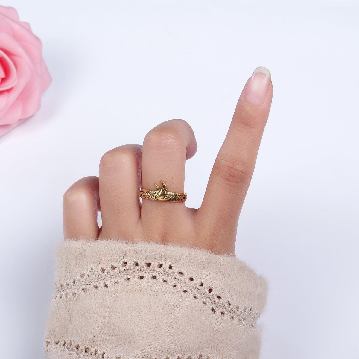 14K Gold Filled Dove Rose Flower Dotted Ring Set in Silver &amp; Gold | O1067