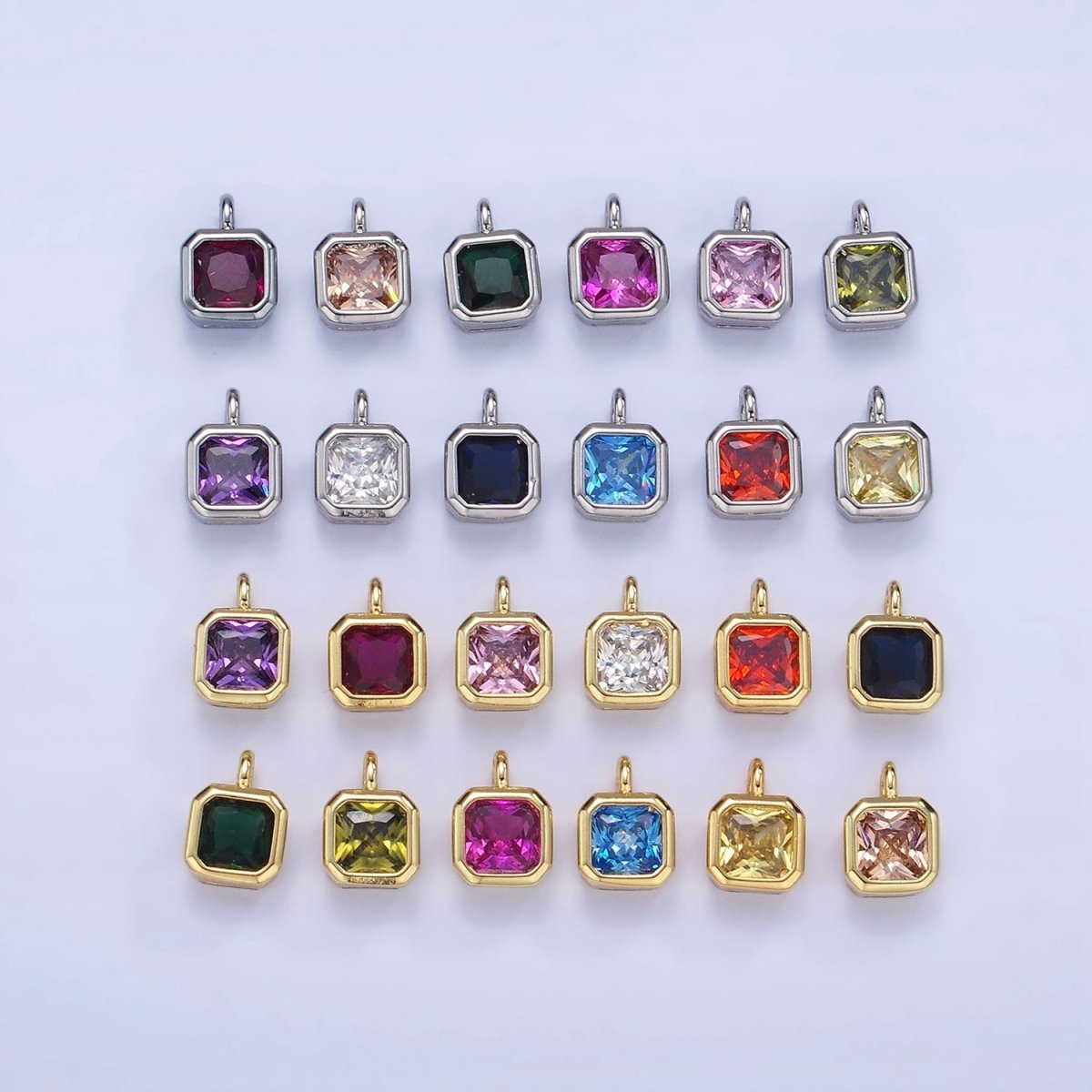 14K Gold Filled Birthstone CZ Square Edged Bezel Charm in Gold &amp; Silver | W758 - W769