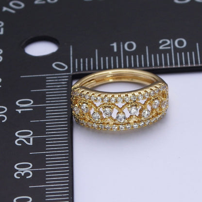 14K Gold Filled Elaborate Micro Paved Cubic Zirconia Wide Huggie Hoop Earrings | AD-560
