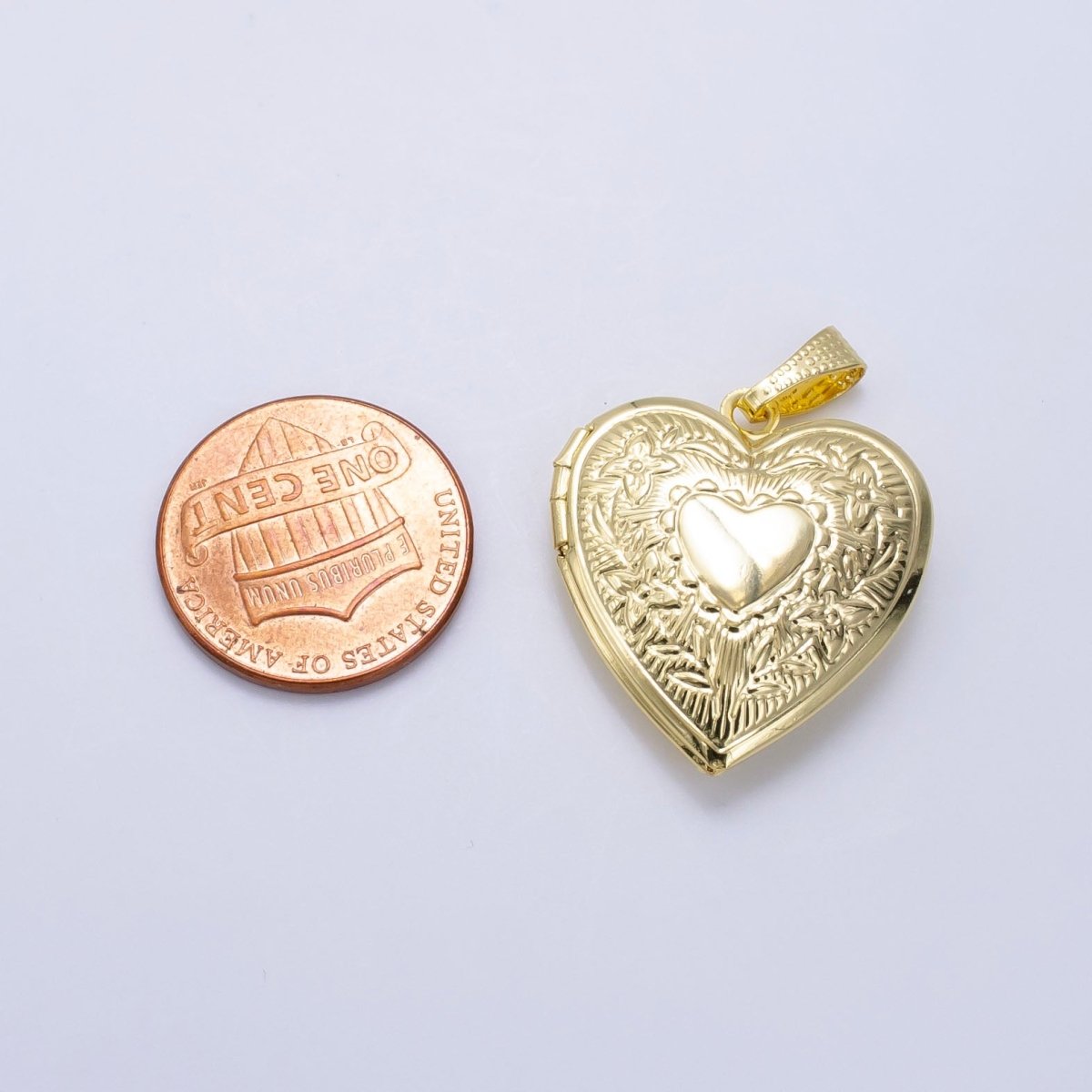 14K Gold Filled Engraved Flower Leaf Sunburst Heart Locket Pendant in Gold &amp; Silver | H049