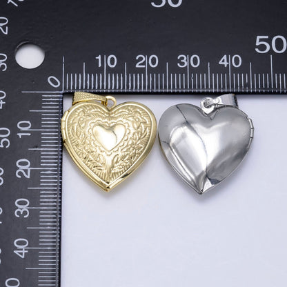 14K Gold Filled Engraved Flower Leaf Sunburst Heart Locket Pendant in Gold &amp; Silver | H049