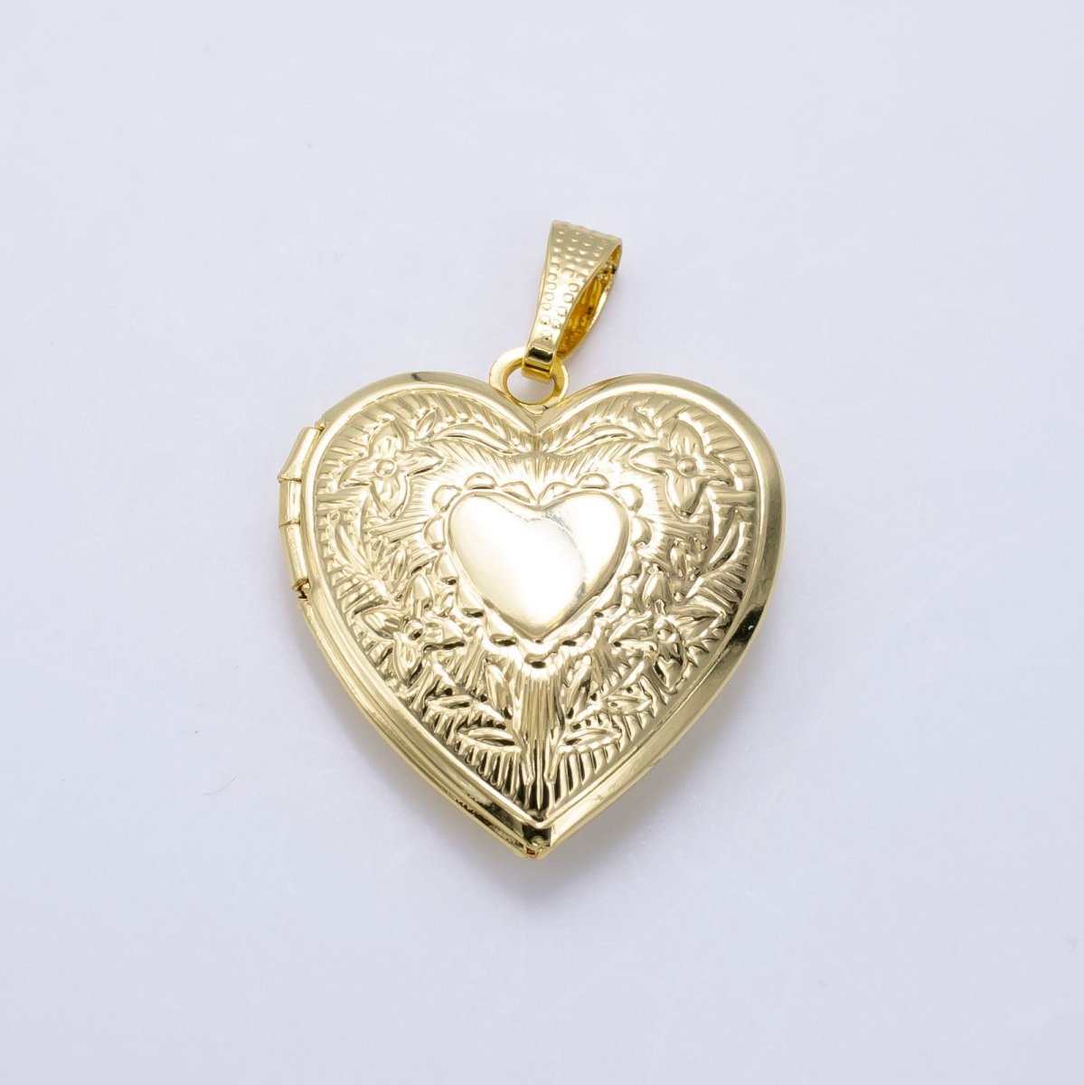 14K Gold Filled Engraved Flower Leaf Sunburst Heart Locket Pendant in Gold &amp; Silver | H049